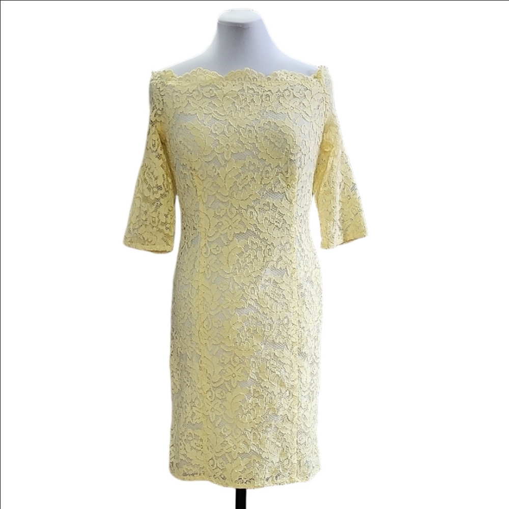 LIU-JO Pastel yellow lace off-shoulder crop sleeve cocktail dress